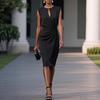 Retro Solid Color Cross Tie Cutout Round Neck Elegant Casual Dress for Women European American Style
