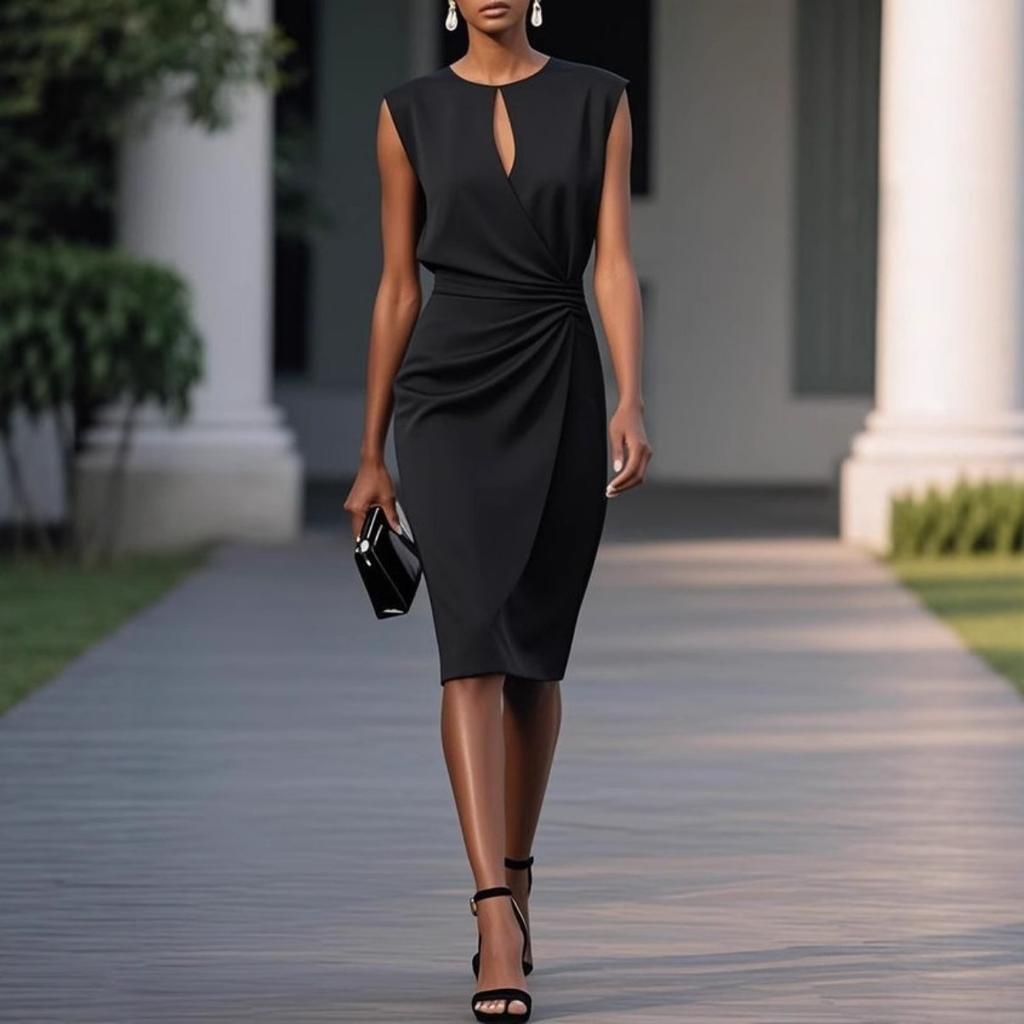 Retro Solid Color Cross Tie Cutout Round Neck Elegant Casual Dress for Women European American Style
