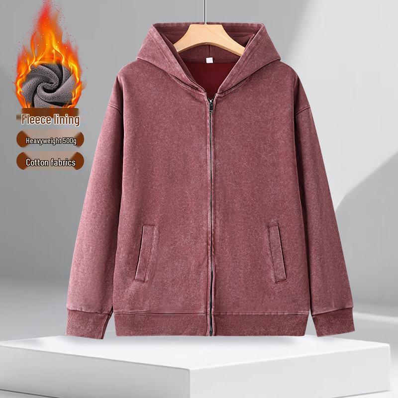 Unisex 500g Velvet Hooded Vintage Cardigan - American Retro Loose Fit Zip-Up Hoodie XL