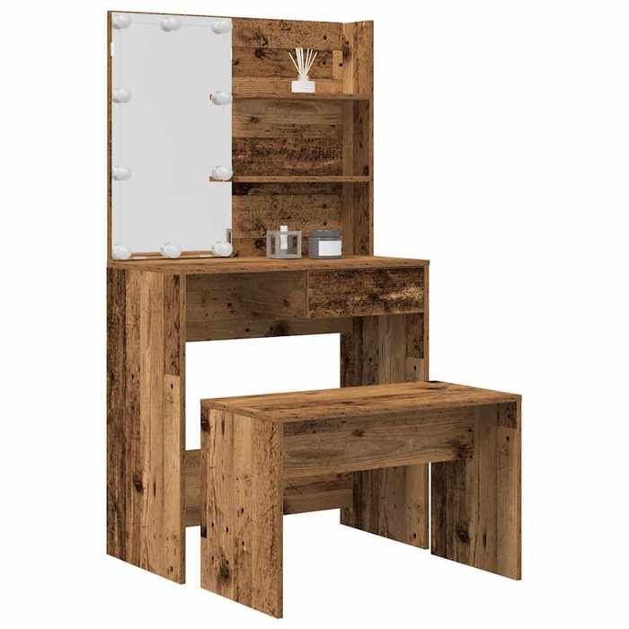 VidaXL Vanity Set with LED Old Wood Engineered Wood, Vanity Table, Makeup Table, Makeup Desk, 3329183