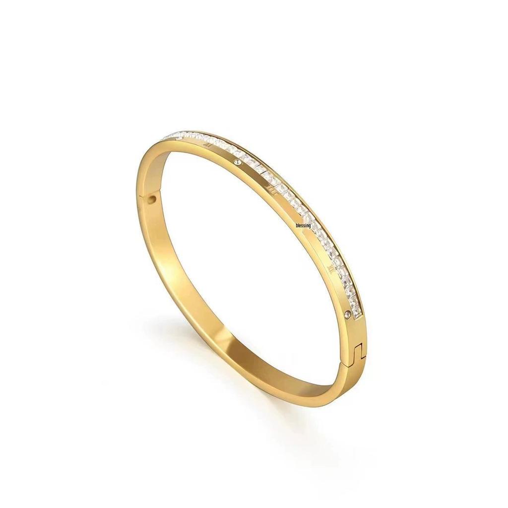 European & American Titanium Steel Hollow Electroplated Bangle with Diamonds - Versatile Stainless Steel Women's Fashion Jewelry