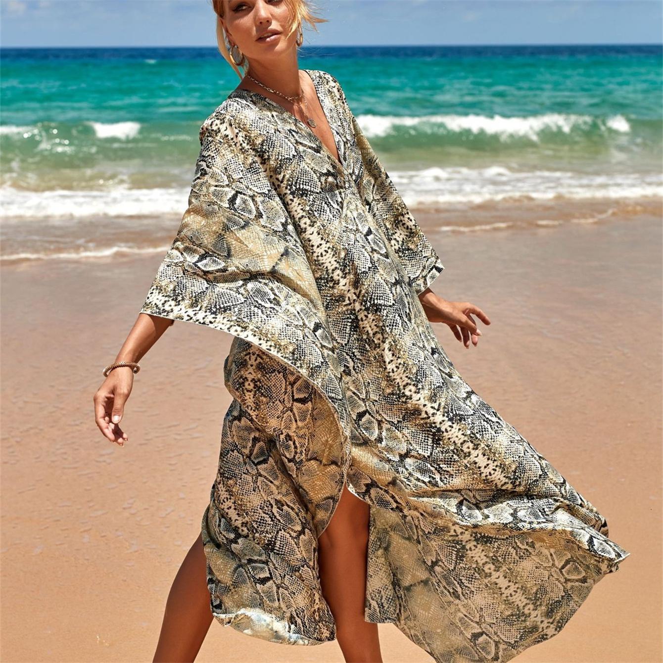 

YYFS женская мода отпуск лето весна змеиный узор с длинным рукавом v-образным вырезом повседневные платья One Size чёрный/жёлтый