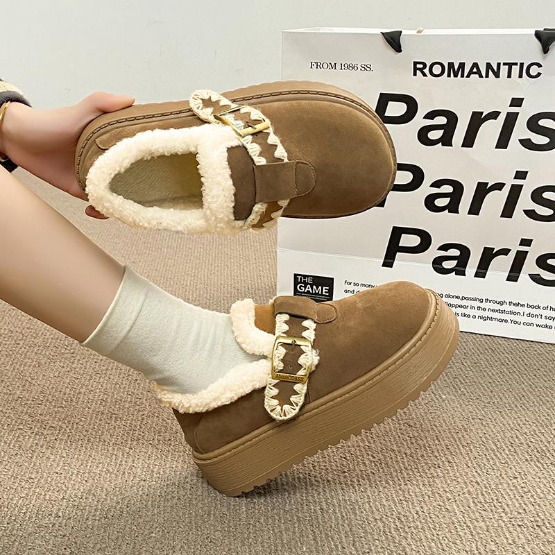 2025 Fashionable Versatile Women's Cotton Shoes Thick Bottom Loafers Winter Warm Fleece Lined Flat Heel round Toe Shoes