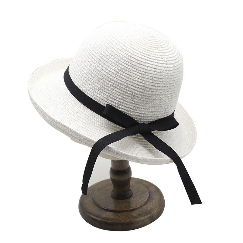 Summer Sunshade Straw Hat Black Silk Belt Bow Rolled Brim Hat Japanese Adult Basin Hat Women'S Sunscreen Folding Sun Hat