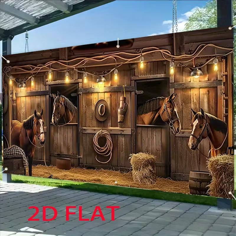 2D Western Farm Horse Tapestry, Rustic Stable with Horses and Hay Bales Wall Decor 47.2x31.5inch/120*80cm