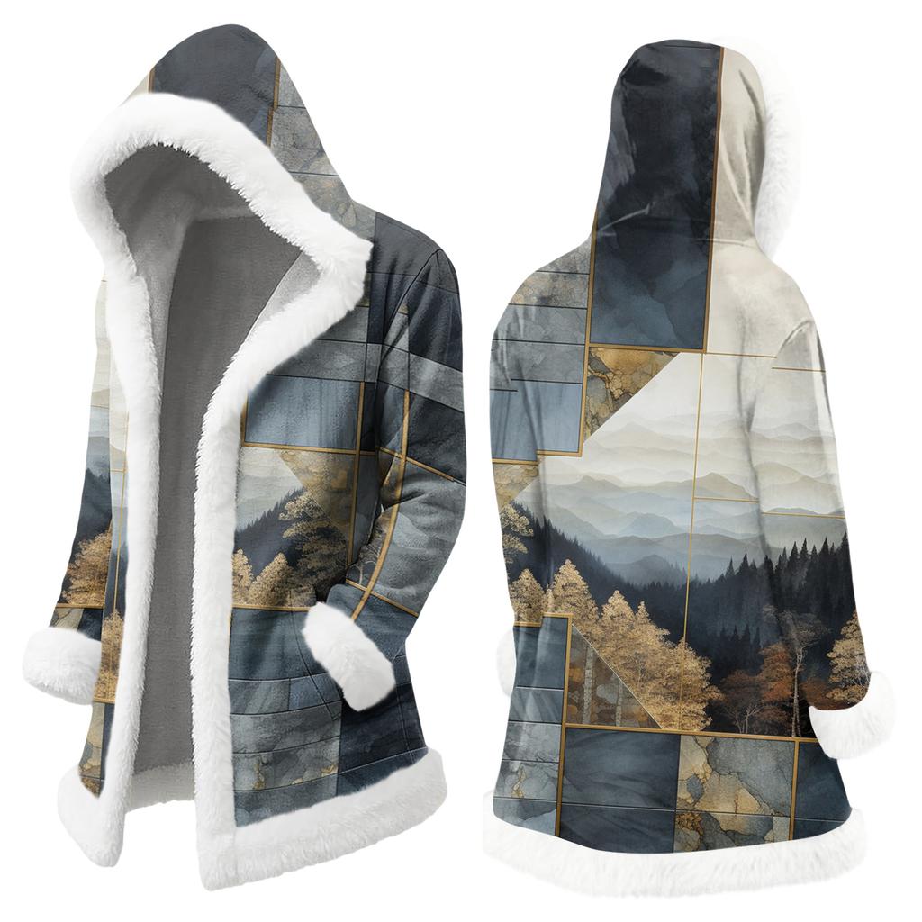 Unisex Casual And Fashionable Plush Collar Hooded Long Sleeved Floral Gradient Printing Jacket