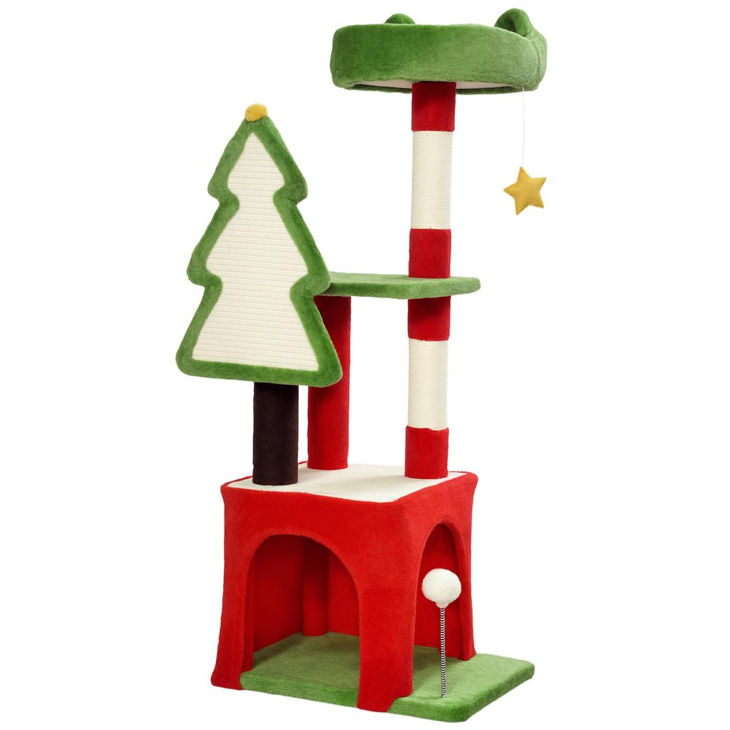 Christmas Cat Tree, 120cm Cat Tower with Scratching Post & Board, Platform, Toys, Green