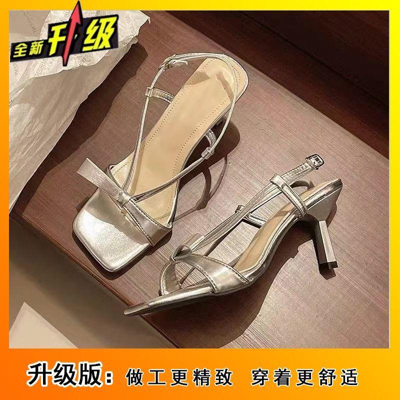 After empty word with square head open-toed high-heeled sandals female 2025 French gentle sweet bow fairy high heels