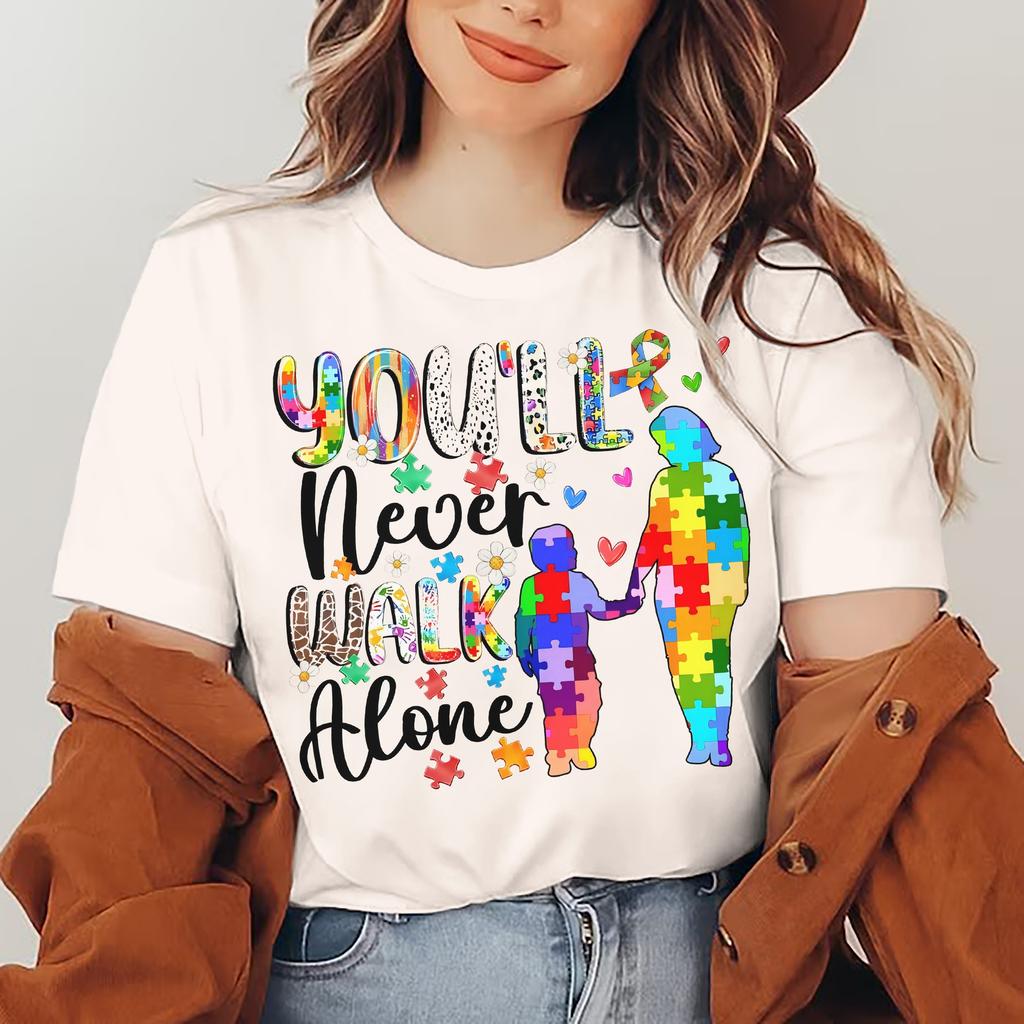 Autism Awareness Im April We Wear Blue Casual TShirt Soft Elastane Blend Crew Neck Short Sleeve Womens Spring Tops