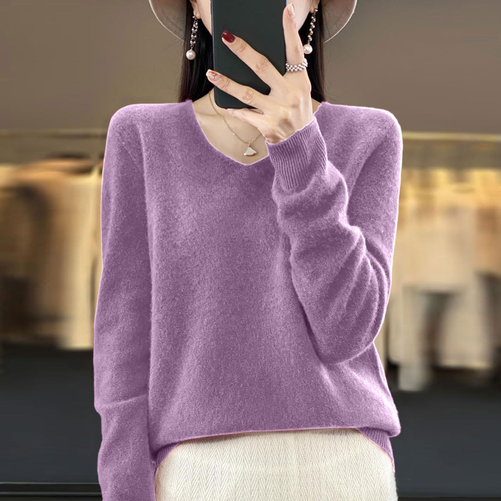 

Женский вязаный топ с V-образным вырезом и длинными рукавами, повседневный комфорт, блузка с длинными рукавами L фиолетовый