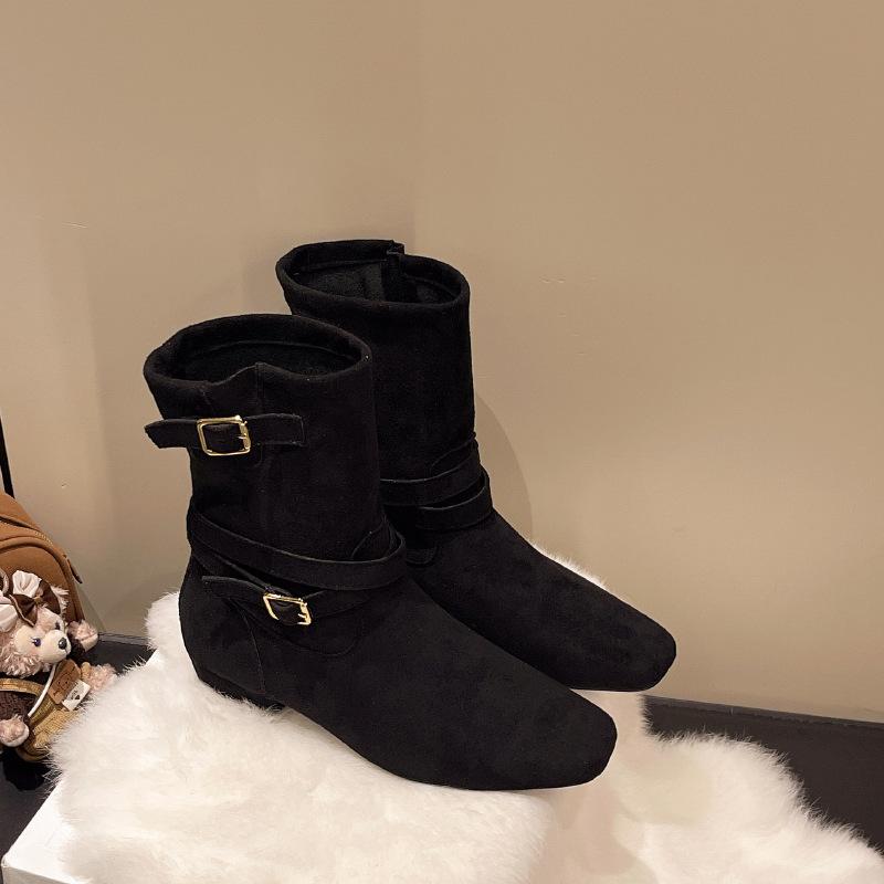 2025 niche fashion pleated belt buckle looks thin but knee slope heel boots retro western cowboy boots women