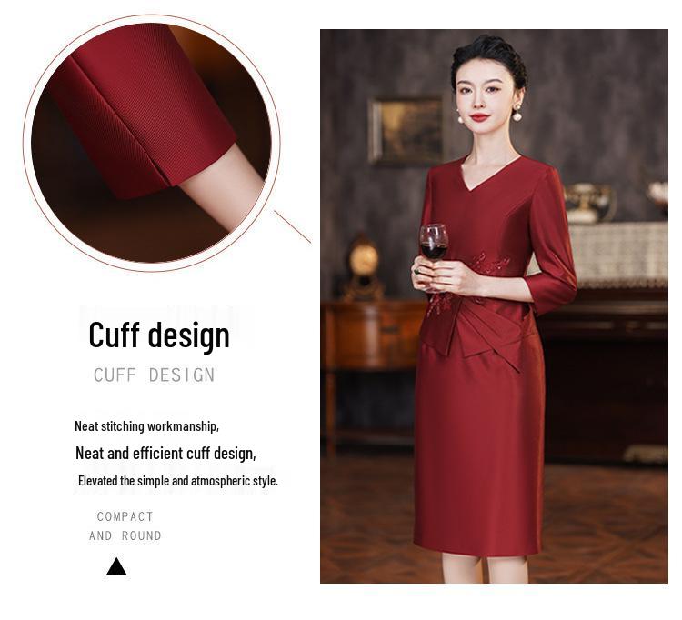 2024 Spring Red Elegant Two-Piece-Style Slimming Dress for Middle-Aged Women