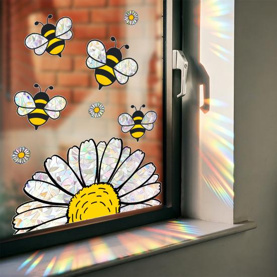 Frühling Sommer Bienen Sonnenblumen Fensteraufkleber Prisma Sonnensammler Glas Fensterfolie Wiederverwendbar Statische Aufkleber für Geschäft Zuhause Büro Schule Dekor