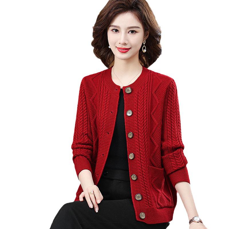 Cardigan a Maglia Grossa Autunno/Inverno per Donne di Mezza Età e Anziane - Girocollo, Manica Lunga, Colore Unito
