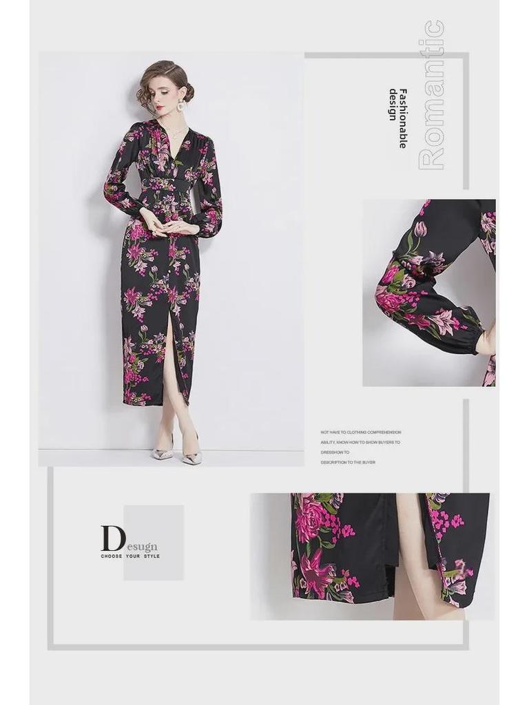 Elegantes Kleid mit Laternenärmeln und Print - Hochwertig, Leicht reifer Stil, Taillenbetont, Langer Rock für Frühlings- und Herbstabendgarderobe