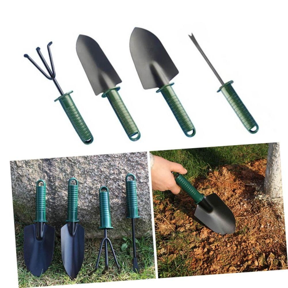 1/4pcs Non-Slip Handle Gardening Shovel Fork Rake Kit Small Hanging Hole Design Plants Shovel Metal Portable Three-tooth Harrow
