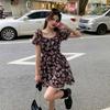 Coffee Break French Square Neck Floral Dress Women's Summer New Sexy Sweet Spice Girl Bubble Sleeve Small Waist Short Skirt