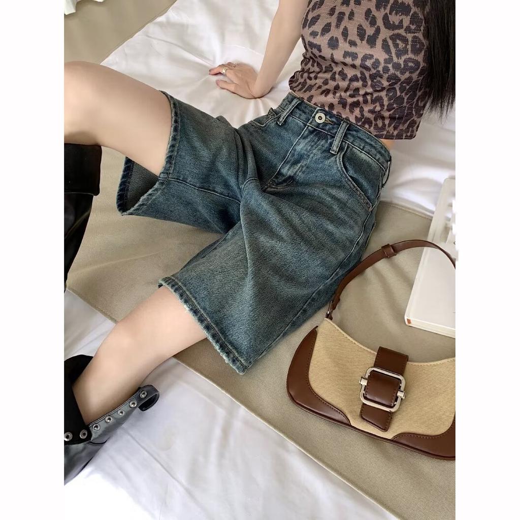 Denim Pants Pockets Vintage High Waist Shorts Women Wide Leg Streetwear Jeans Button Zipper