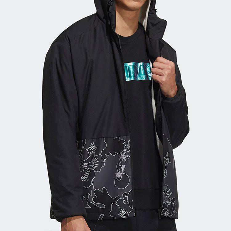 Adidas Aop Block Multicolor Windproof Fleece Lined Thermal Hooded Jacket Men's Black GT6484