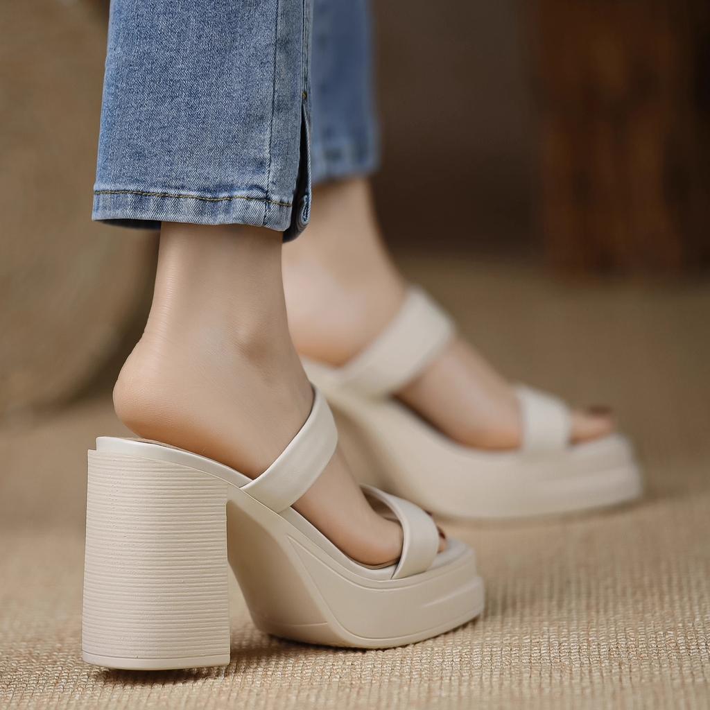 2025 spring and summer new leather one-word thick heel open toe super high heel white waterproof table cool slippers versatile sandals