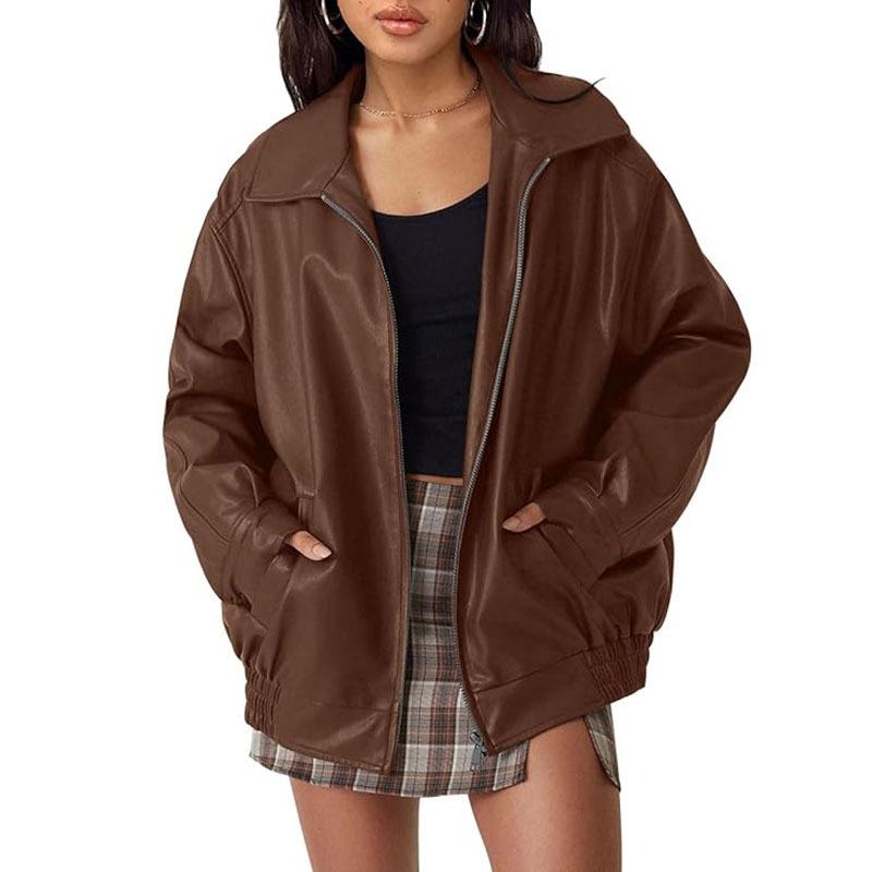 Women Spring and Autumn  PU Leather Jacket Loose Zipper Long Sleeve Jacket Coat Solid Color Fashion Motorcycle Jacket