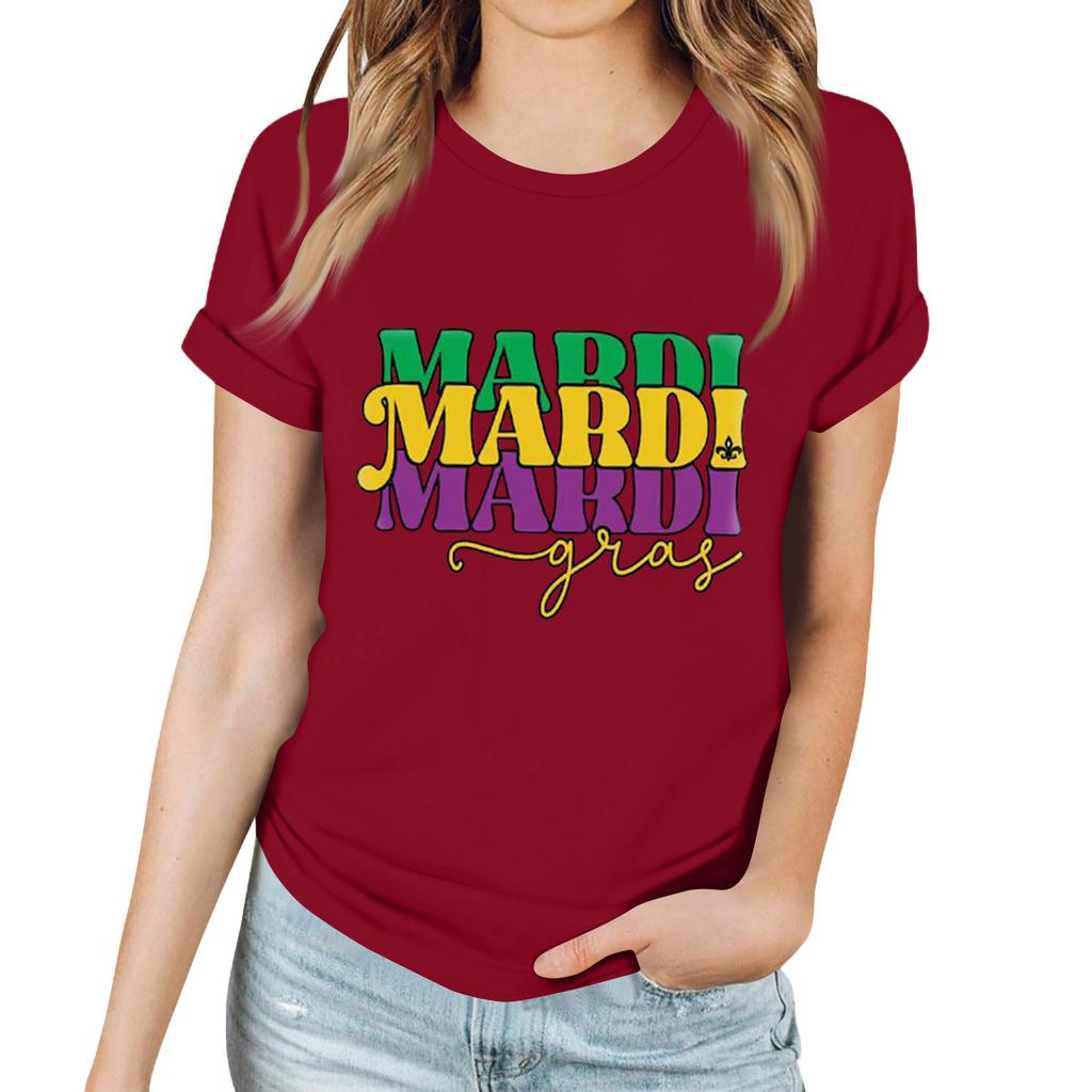 Women's Casual Carnival Print T-Shirt Round Neck Pullover Short Sleeve Top