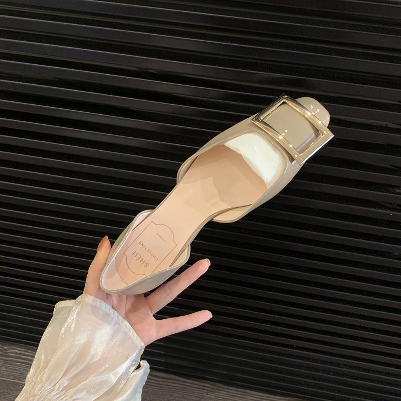 [] Female Director of Investment Bank~ Square Head Square Buckle Leather Hollow Single Shoes Women's Flat Shoes Commuting