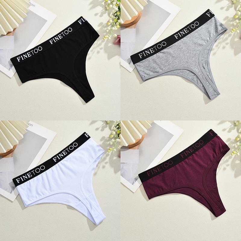 FINETOO 4Pcs Women Cotton Thongs Panties Female Ribbed High Rise G-String Ladies Sexy Bikini 6 Solid Color Girl Soft Intimates