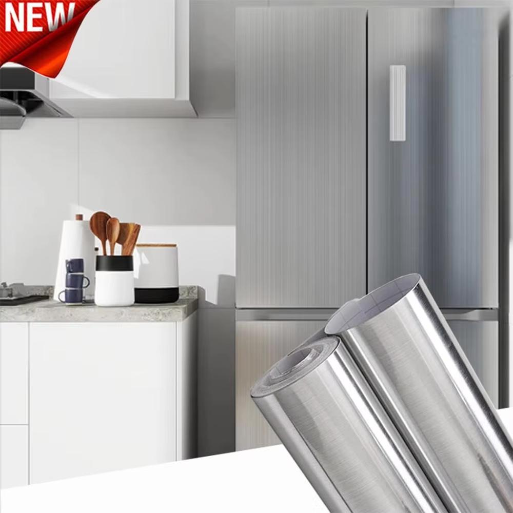 40cm Metal Brushed Silver Waterproof Stainless Steel Wall Sticker Kitchen Living Room Refrigerator Countertop Adhesive Wallpaper