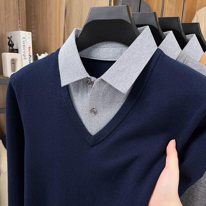 Yiliteng Men's V-Neck Faux Two-Piece Sweater