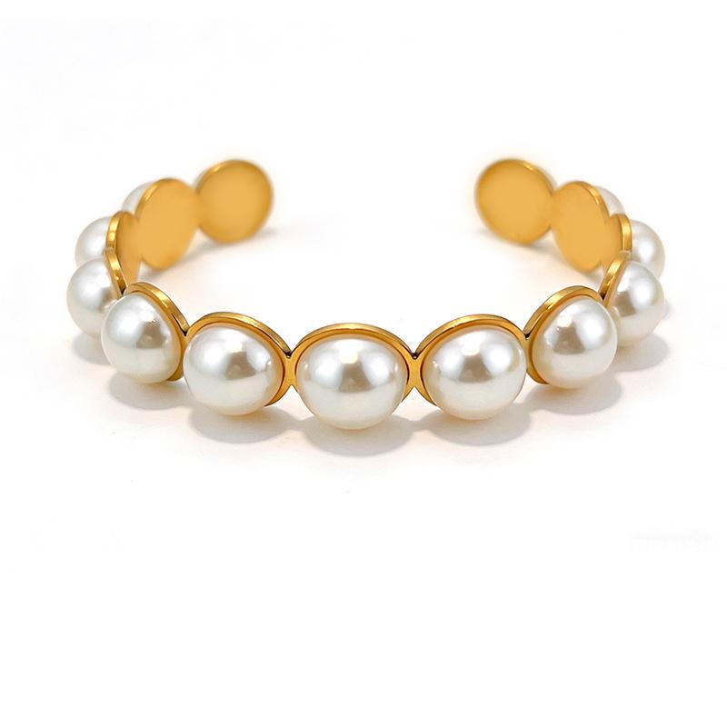 Exaggerated Imitation Pearl Bracelet for Women Vintage Stainless Steel Smooth Heavy Metal Open Bangles Steampunk Jewelry