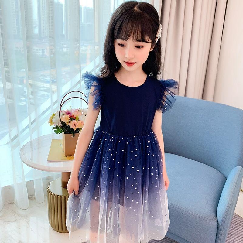 Girls Fashion Star Gradient Short-sleeved Dress Summer Children Princess Dress Pooper Yarn Dress