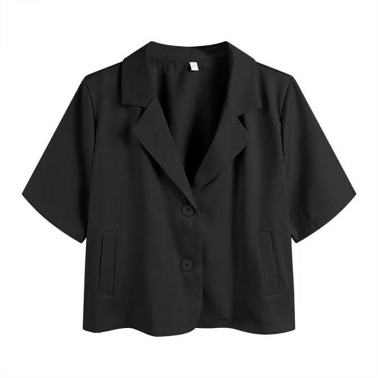 Women Summer Short Sleeve Lapel Loose Fit Business Suit Jacket with Pockets Solid Color