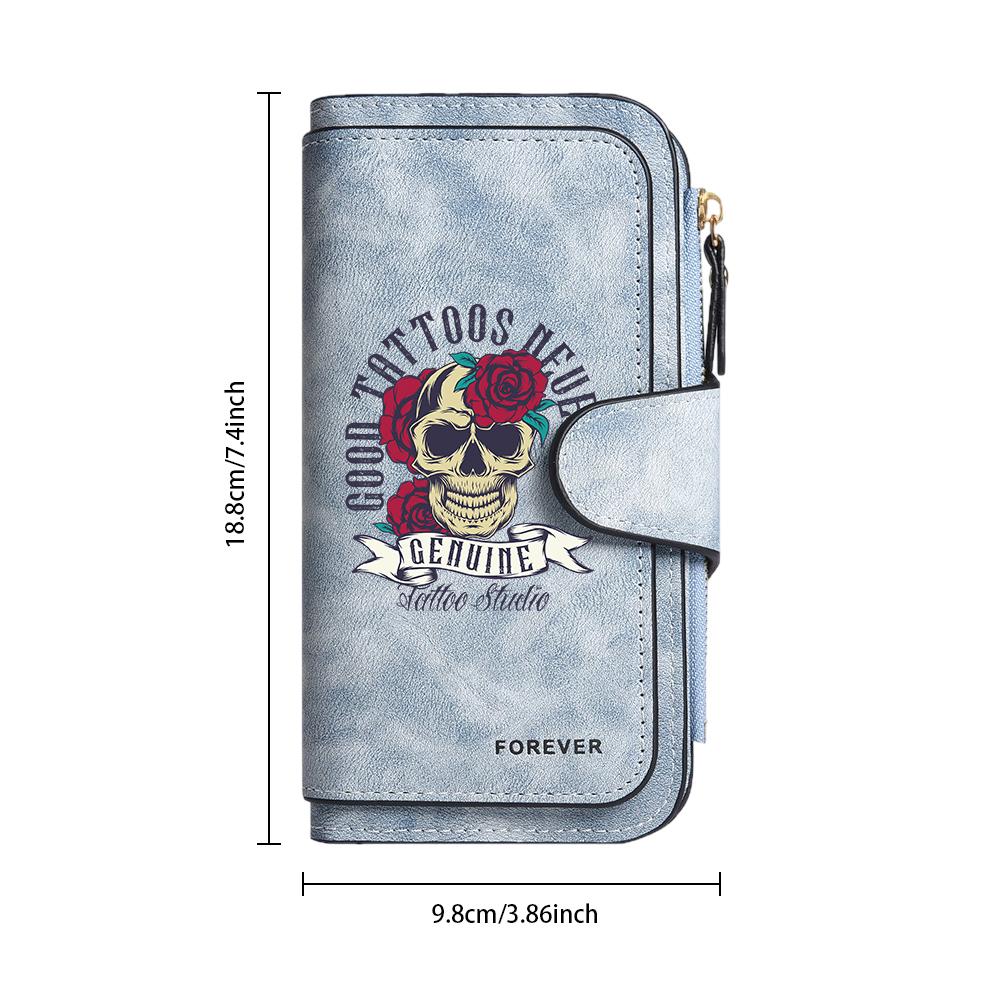 Skull Rose Pattern Long Wallet Multi Card Slot Coin Purse