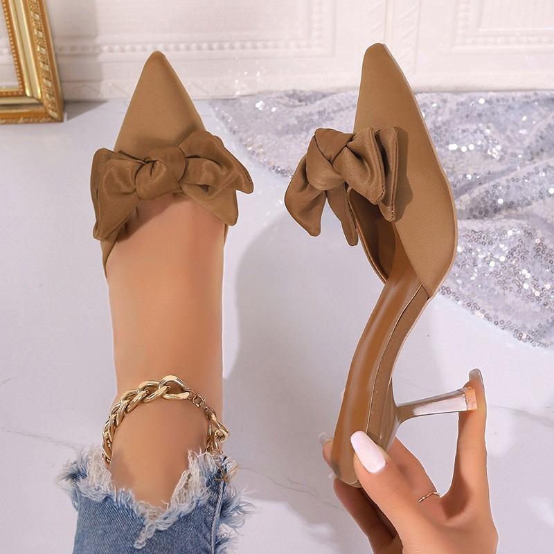 Fashion 2024 Spring and Summer New Fashion Bow Decorated Mules Elegant Pointed Toe Stiletto Heels Women's Baotou Slippers Women Slippers