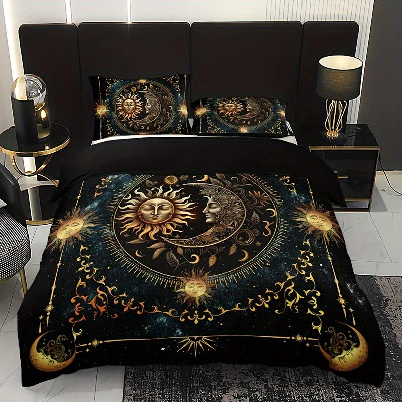 3Pcs Bedding Set - Elegant & Golden Sun/Moon/Planets Print Duvet Cover With 2 Pillowcases, All-Season For Queen/King Size Beds