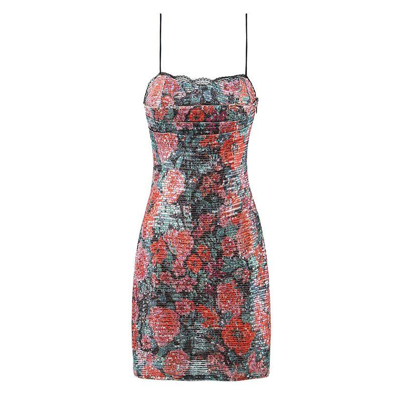 

Sharon Rose for Love Romantic Atmosphere Lace Edge Retro Oil Painting Sequin Vacation Style Sling Dress Sharon Rose L