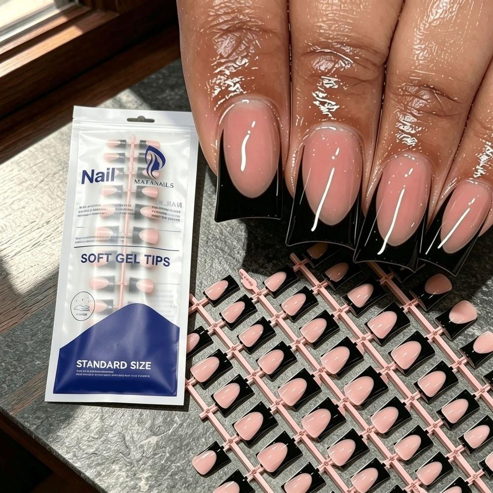 120 Pieces Nude Medium Duck Press On Nails Glossy Black French Tip Nails  For Nail Art