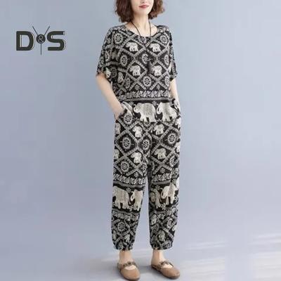 2 Pcs/Set Women T-shirt Pants Set Round Neck Short Sleeve Printed Top Loose Elastic Waist Side Pockets Long Trousers Casual Daily Wear Outfit