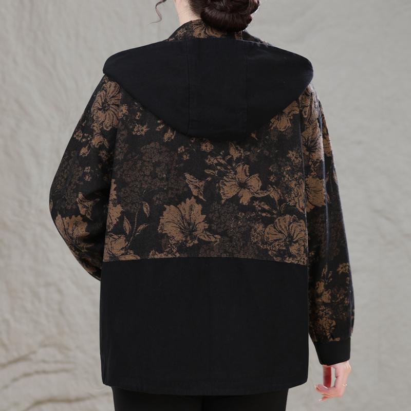 Ladies Oversized Floral Print Hooded Coat Zip Front Long Sleeve Autumn Outerwear for Elderly Women Plus Size