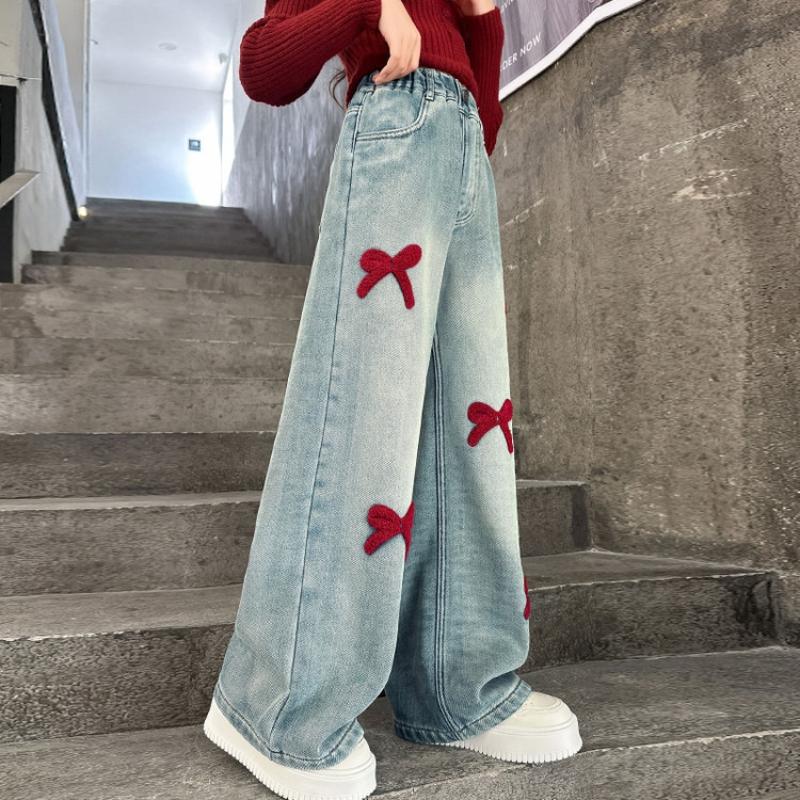 Girls School Straight Leg Pants With Bowknot Design Casual Loose Kids Fashion Long Jeans Children Korean Style Trousers