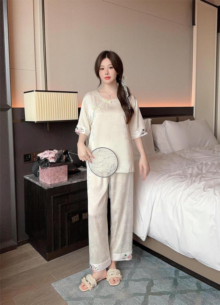 New ice silk pajamas women's summer Chinese antique rose suit loungewear imitation silk satin jacquard can be worn outside