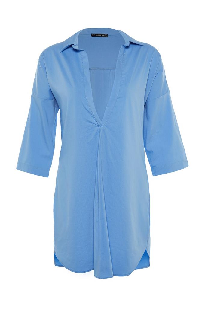Women's Dress New Season Fashion Blue Mini Woven 100% Cotton Beach Dress