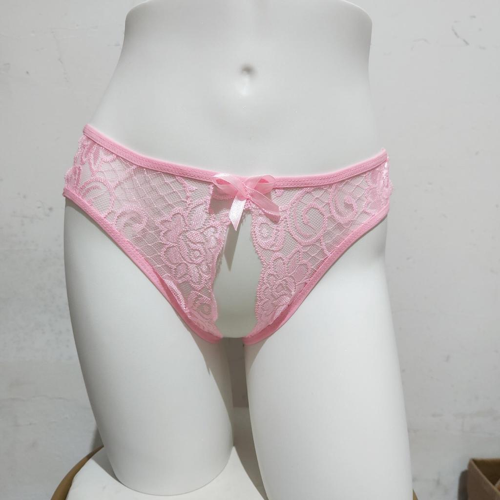 Damskie seksowne stringi koronkowe z odkrytym krokiem - prześwitujący niski stan