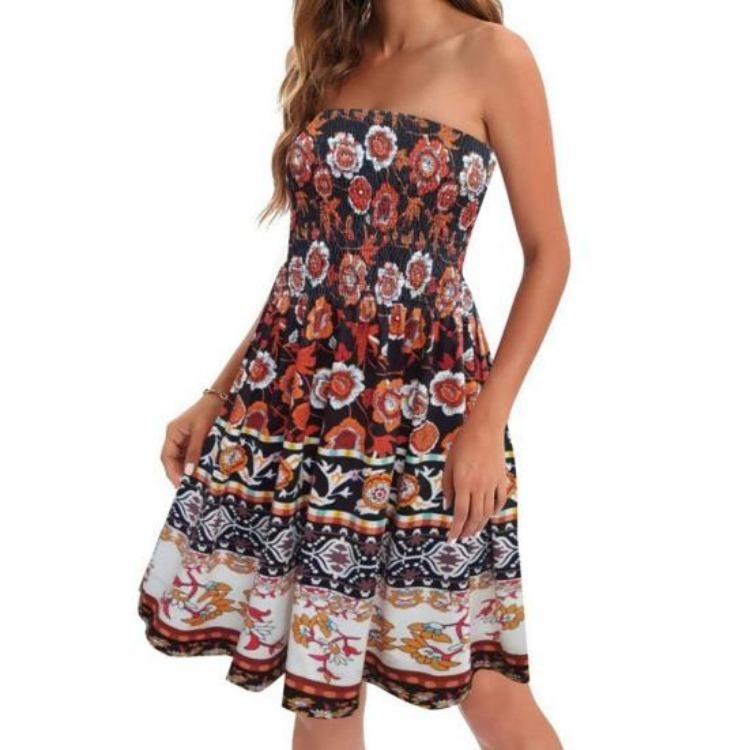 Summer Off Shoulder Dress Women Sleeveless Backless Bohemian Floral Printed A-line Elastic Bust Knee Length Beach Vacation Bandeau Dress