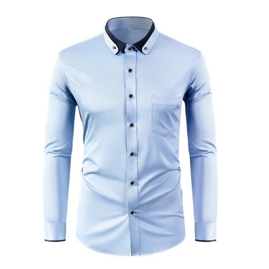 

Мужская классическая рубашка с воротником из стразов, эластичная, с длинным рукавом, без складок, формальная рубашка, однотонная, тонкая L морской синий