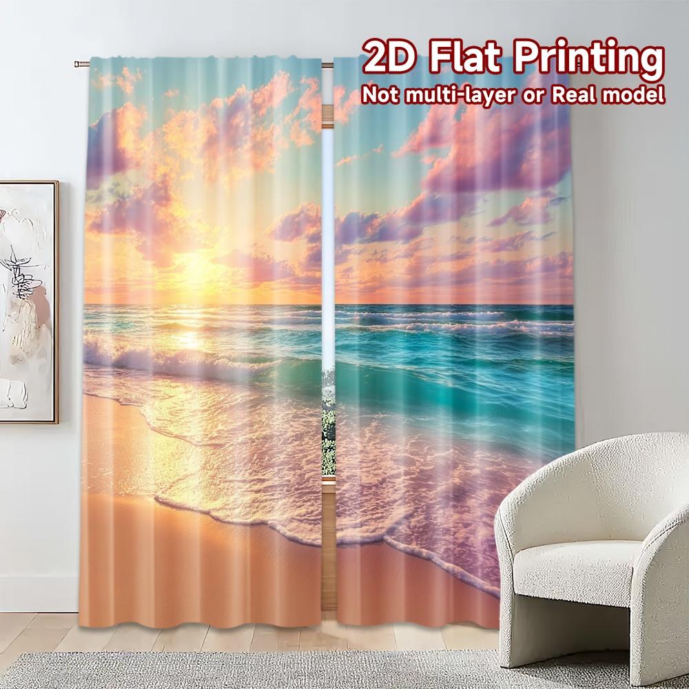 2pcs, 2D FLAT PRINTING Curtains (Without Rod) Ocean Sunrise(1) Popular Curtain Polyester Curtains Outdoor Decorations for