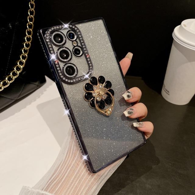 For Samsung Galaxy S25 Ultra Luxury Plating Rhinestone Frame Diamond Ring Stand Phone Case For Samsung S22 S23 S24 S25Plus Cover