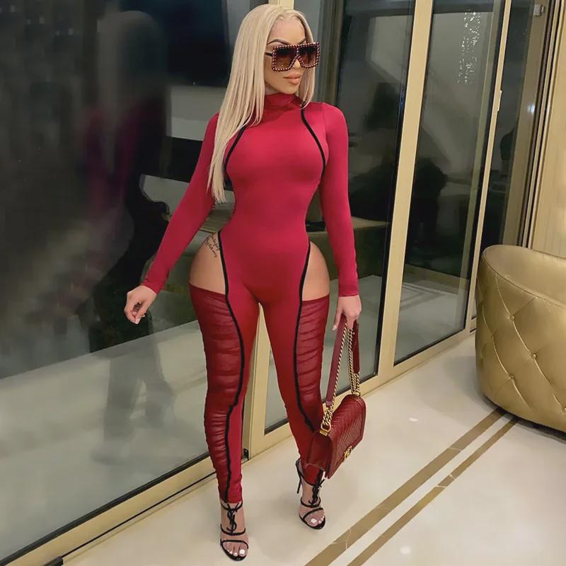 K9790 Sexy Contrast Color Mesh Splicing Jumpsuit for European and American Fashion