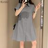 ZANZEA Damen Casual Turn Down Kragen Sommer Kurzarm Shirt Kleid